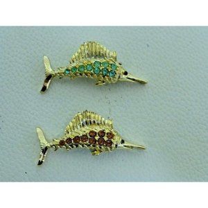 Swordfish or Marlin Brooch Pair Vintage  Pins w Stones Fish Marine